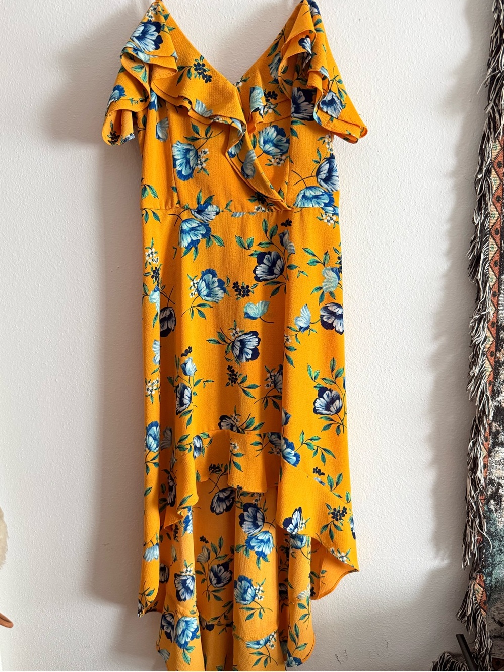☀️ BCX • Yellow Floral Ruffle Cold-Shoulder High-Low Dress • Juniors 9 or WM 8 - Picture 3 of 13